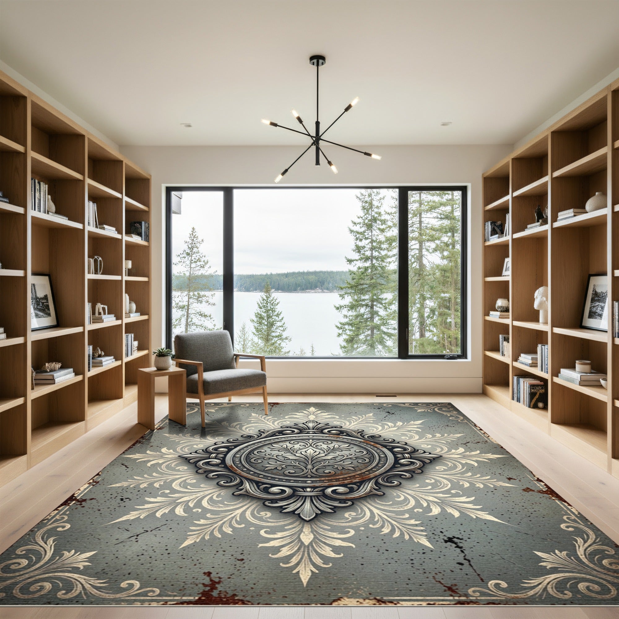 Ornate Silver Gray Damask Medallion Rug