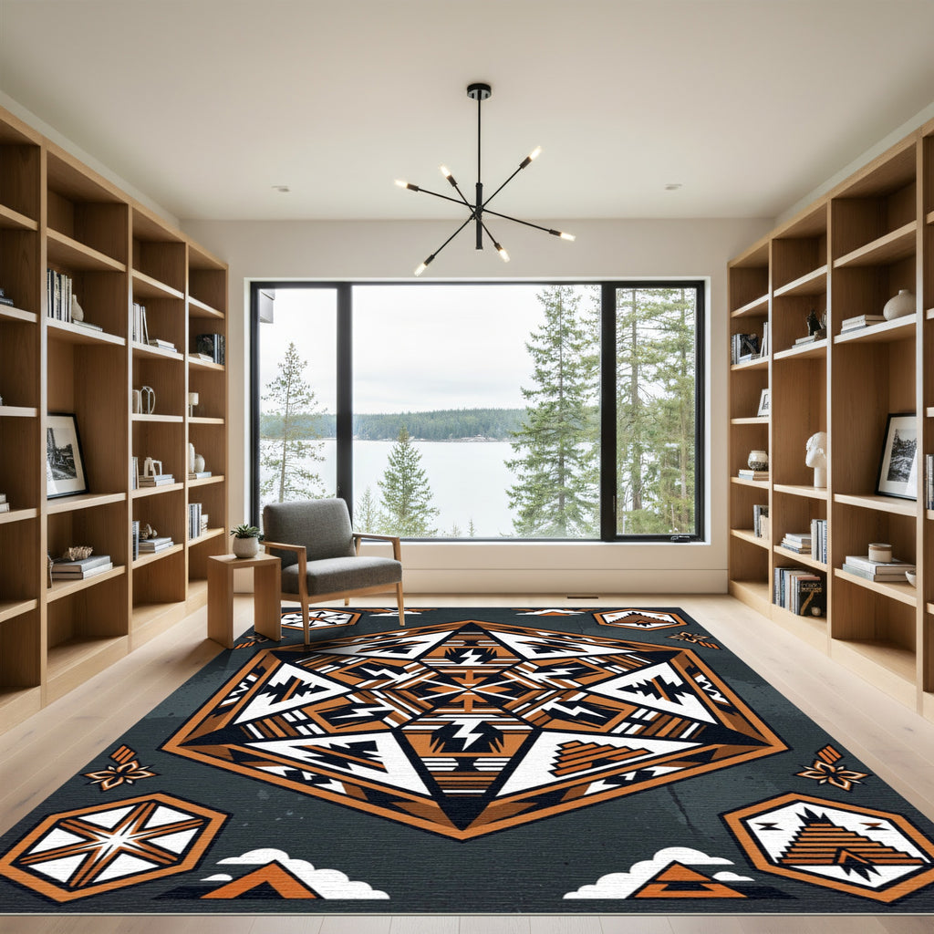 Earthy Hexagonal Geometric Aztec Symbol Rug