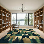 Earthy Evergreen Forest Mountain Grid Rug