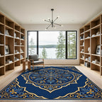 Royal Navy Gold Ornate Floral Medallion Rug