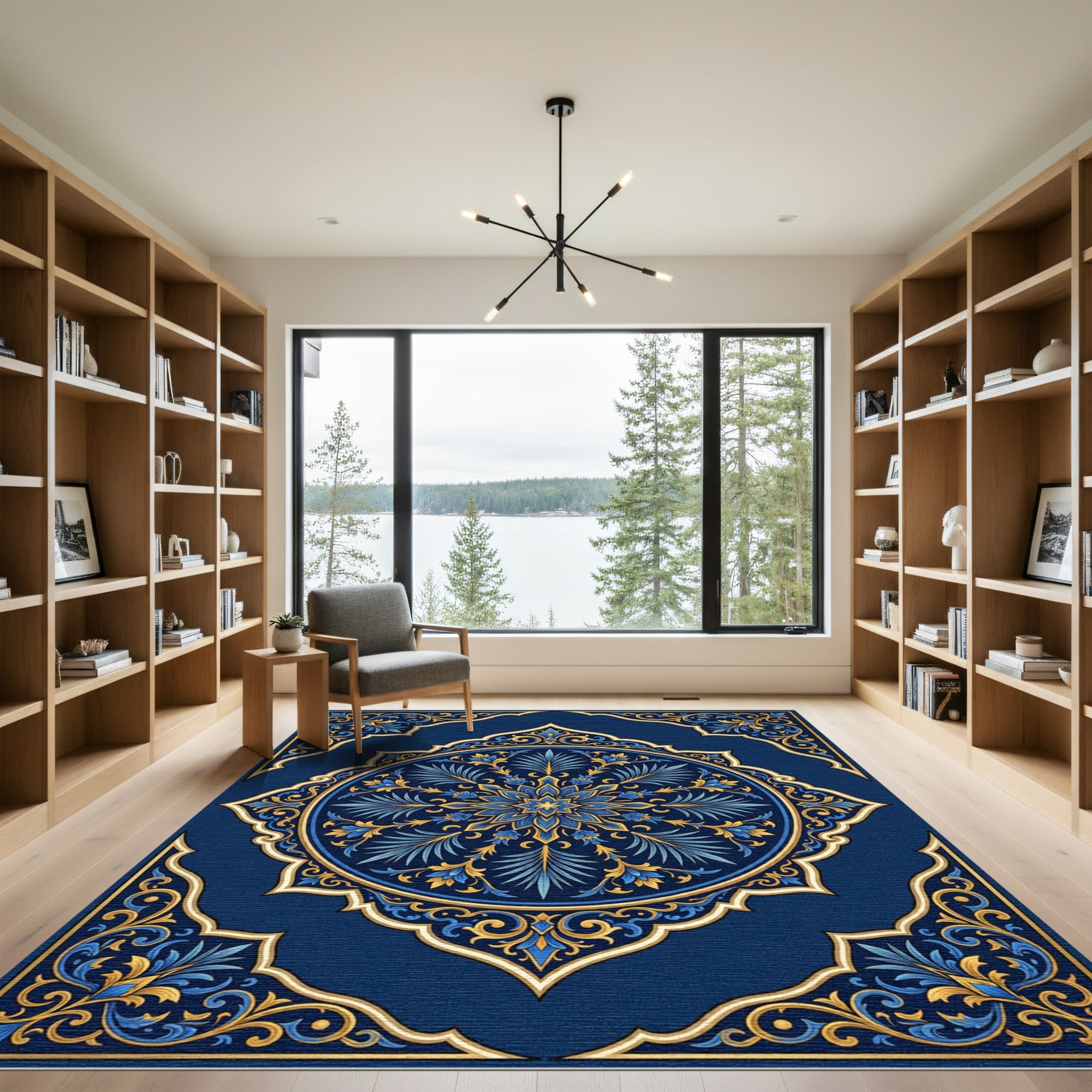 Royal Navy Gold Ornate Floral Medallion Rug