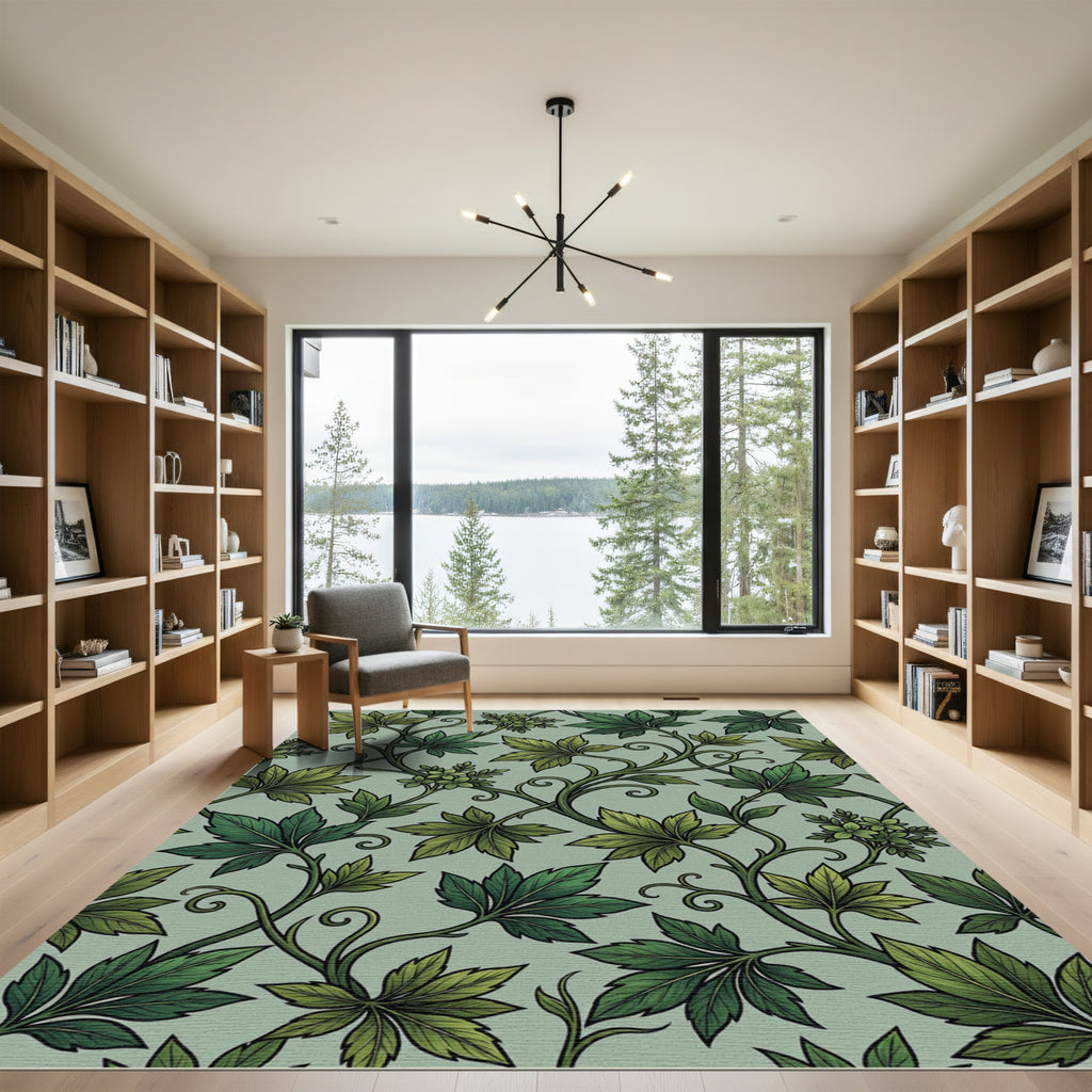 Green Vine Leaf Swirl Arrangement Rug