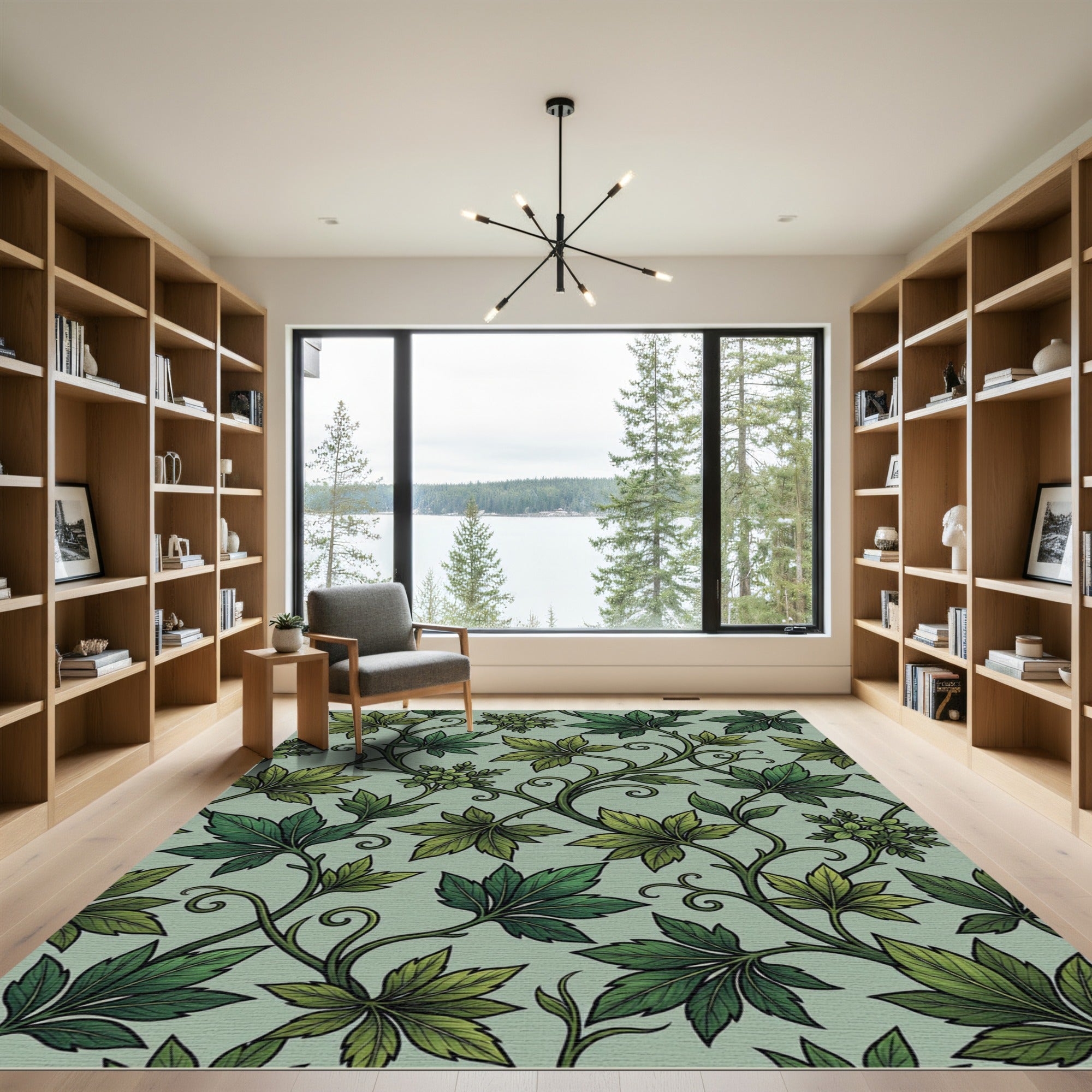 Green Vine Leaf Swirl Arrangement Rug