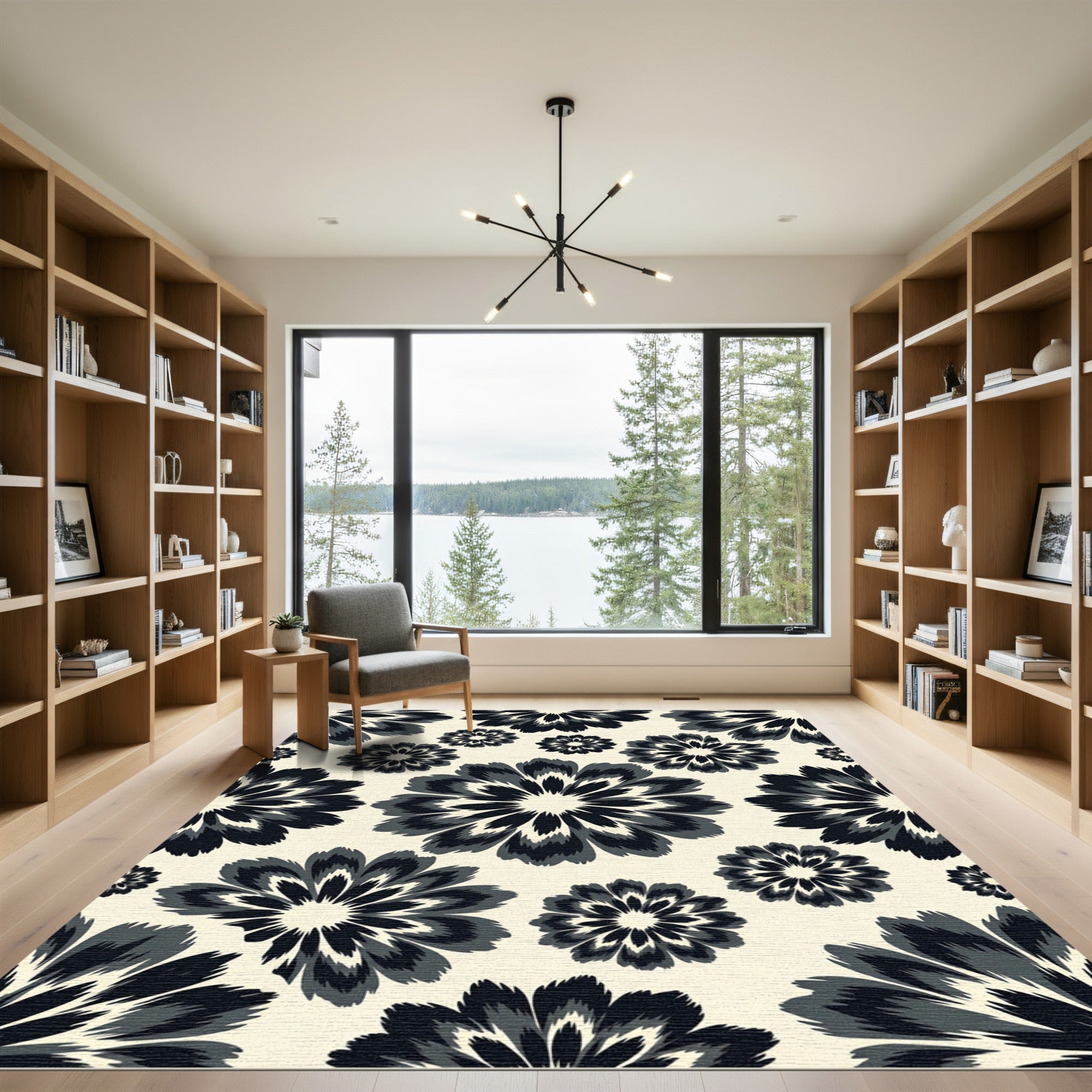 Black and White Monochrome Floral Meadow Rug