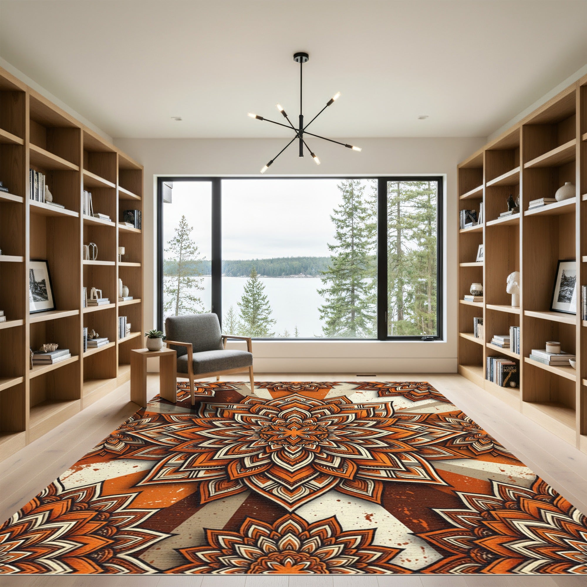 Ornate Burnt Orange Sunburst Mandala Rug