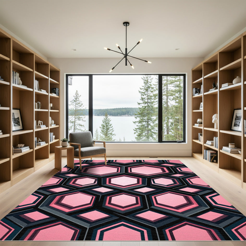 Modern Pink Geometric Hexagon Grid Rug