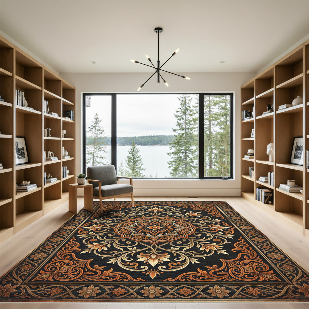 Elegant Amber Floral Medallion Scroll Rug