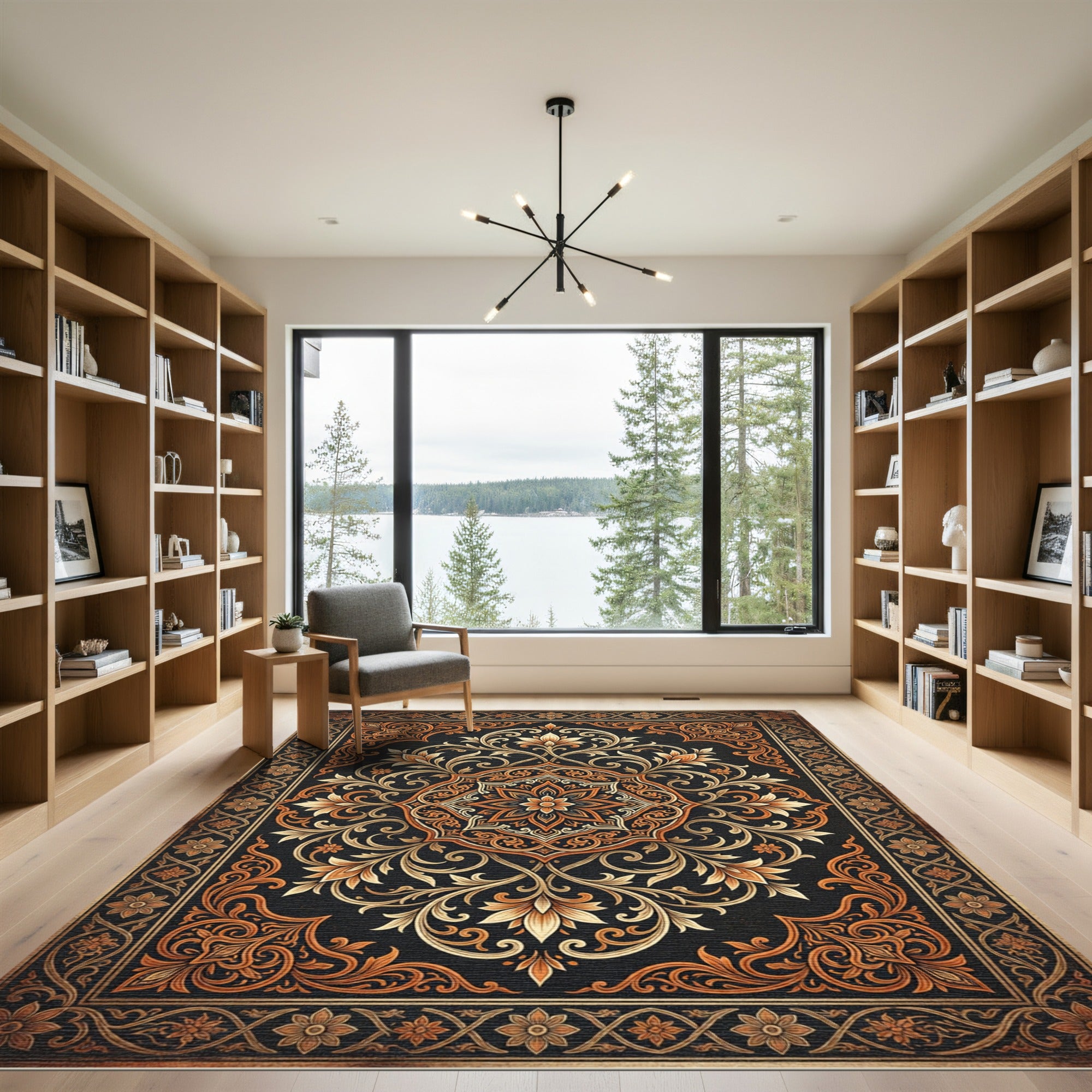 Elegant Amber Floral Medallion Scroll Rug