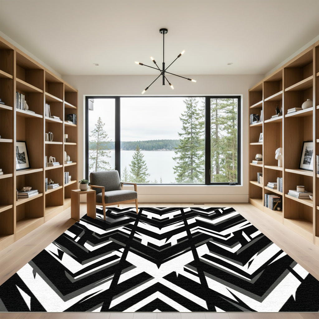 Black White Monochrome Jagged Chevron Rug