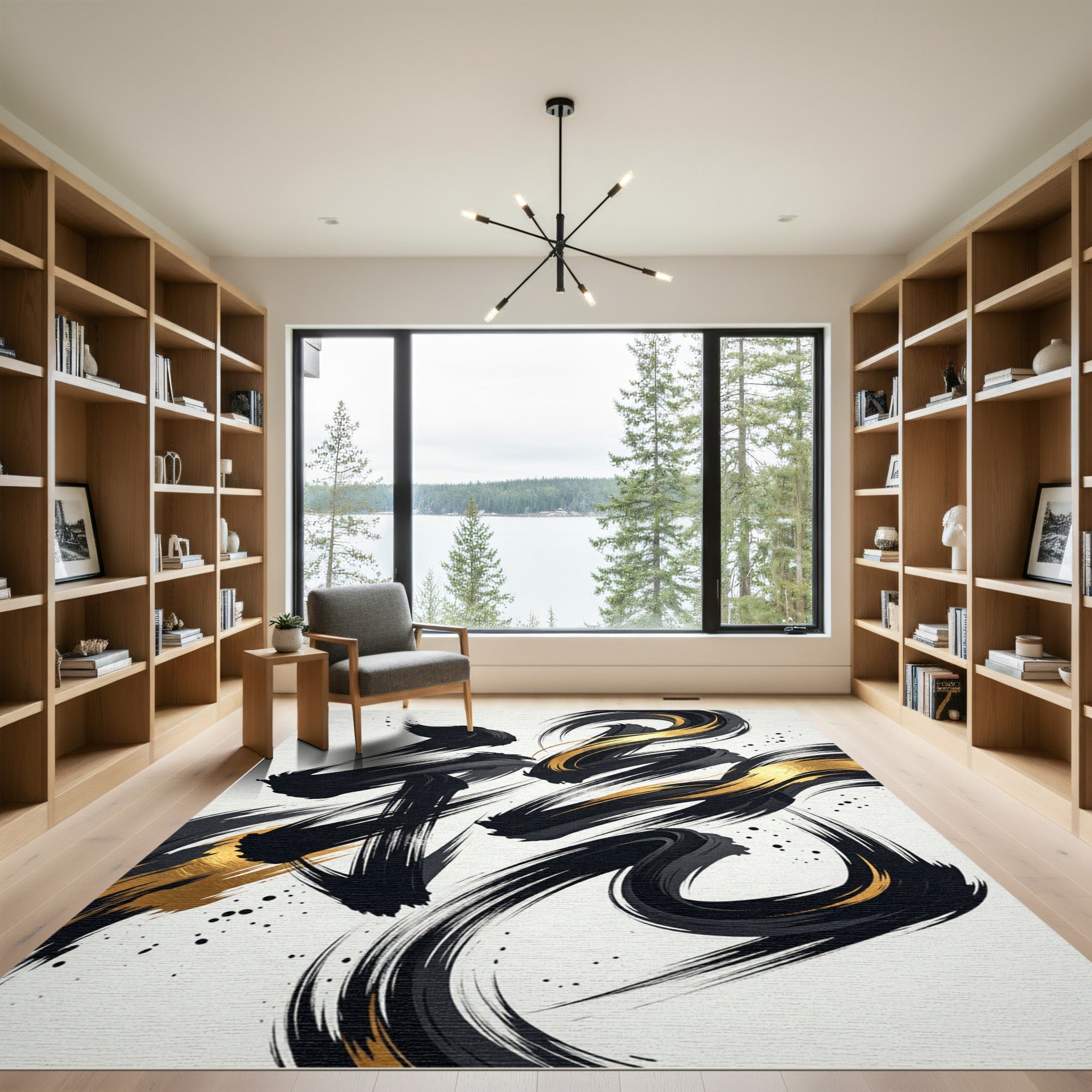 Gold Black Ink Stroke Abstract Wave Rug