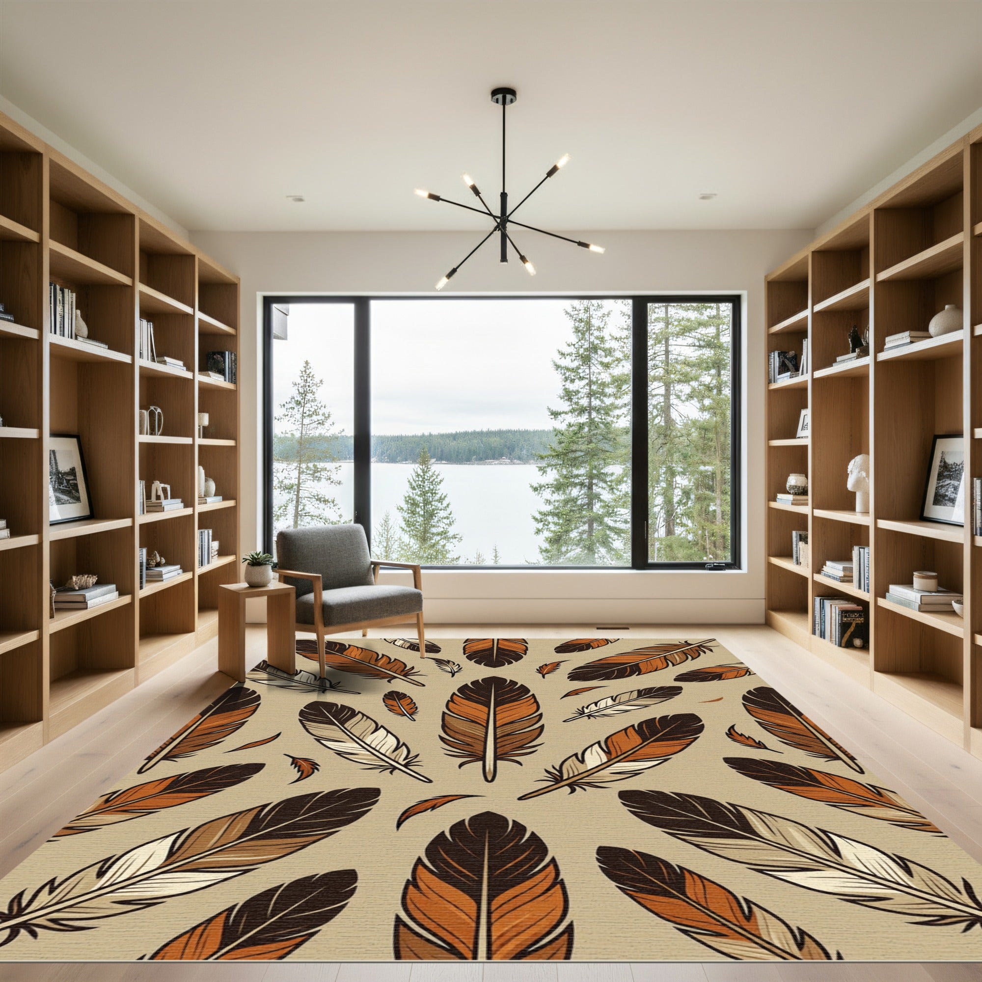 Rustic Feather Pattern Brown Orange Rug