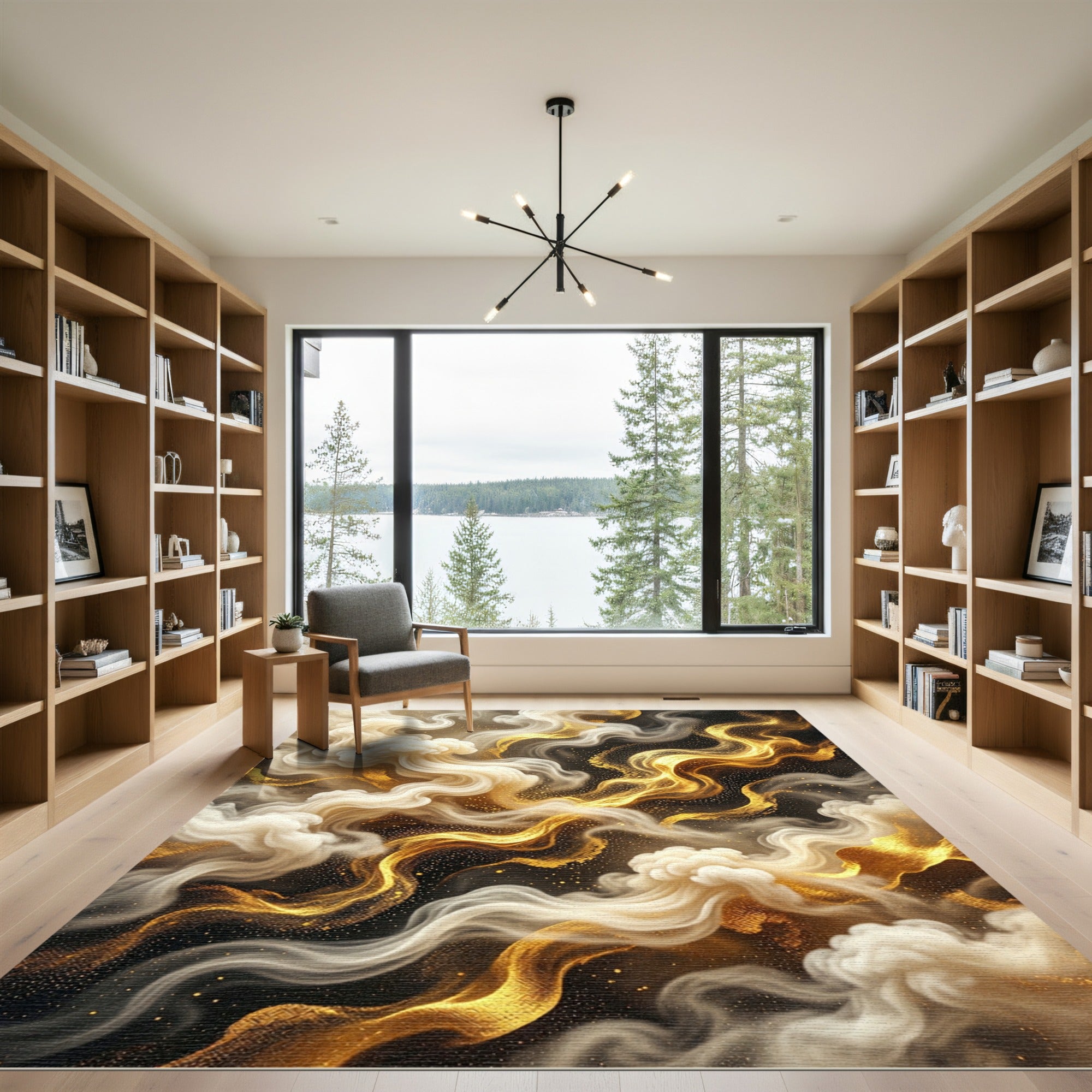 Golden Swirling Smoke Abstract Art Rug