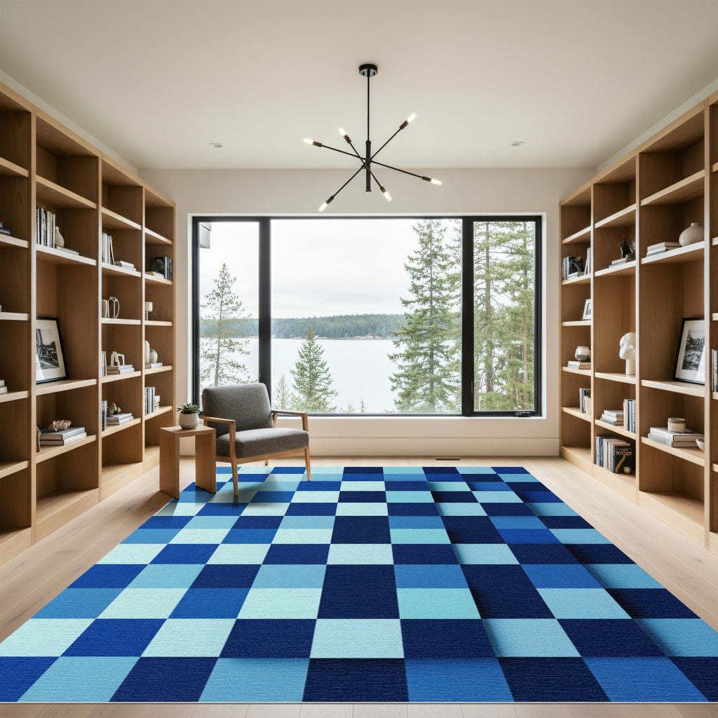 Geometric Blue Tonal Pixel Grid Rug