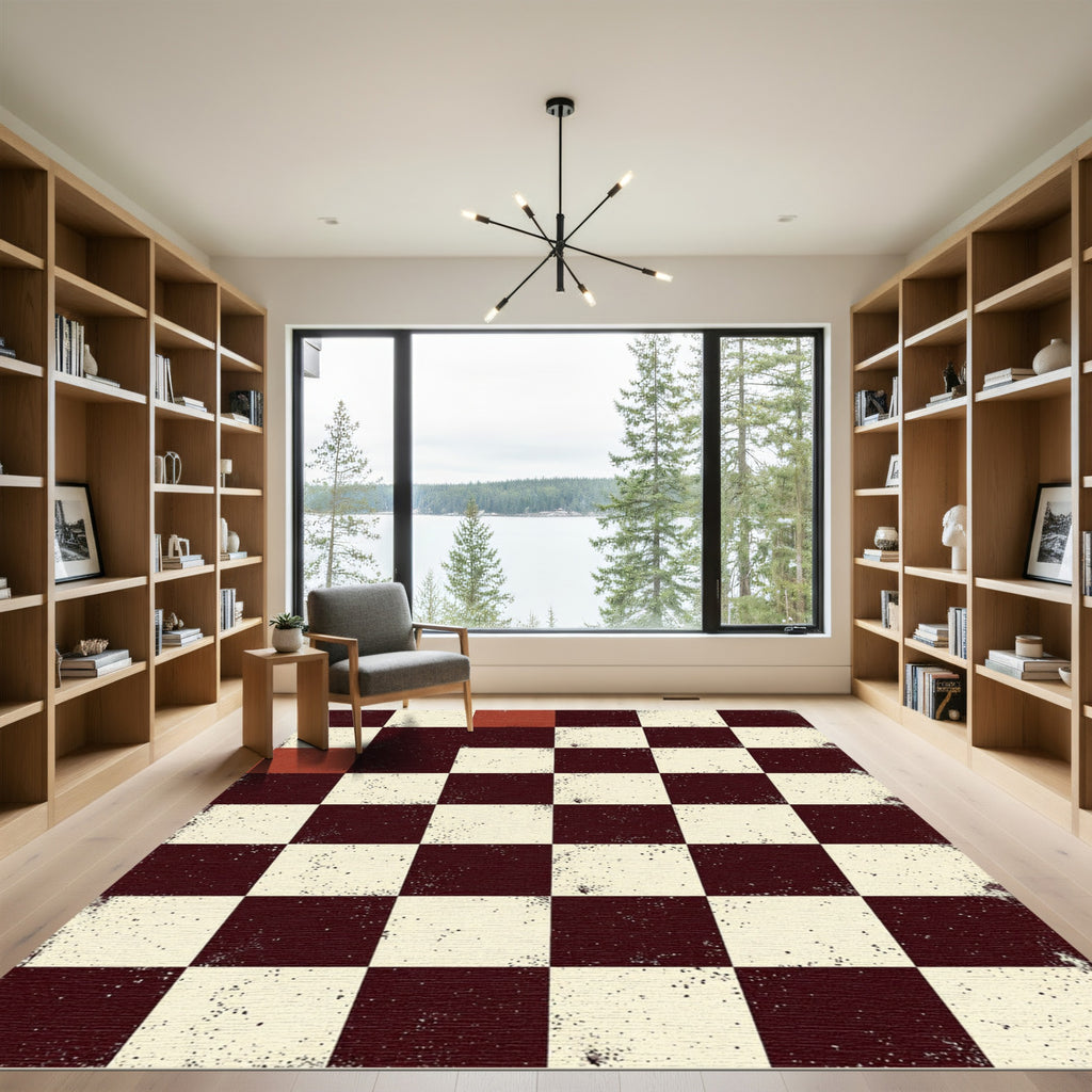 Distressed Crimson and Cream Checkerboard Grid Rug