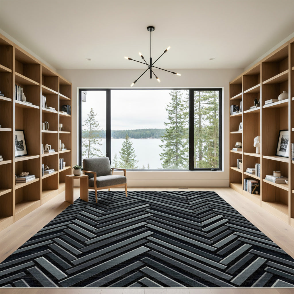 Sophisticated Charcoal Herringbone Geometric Rug