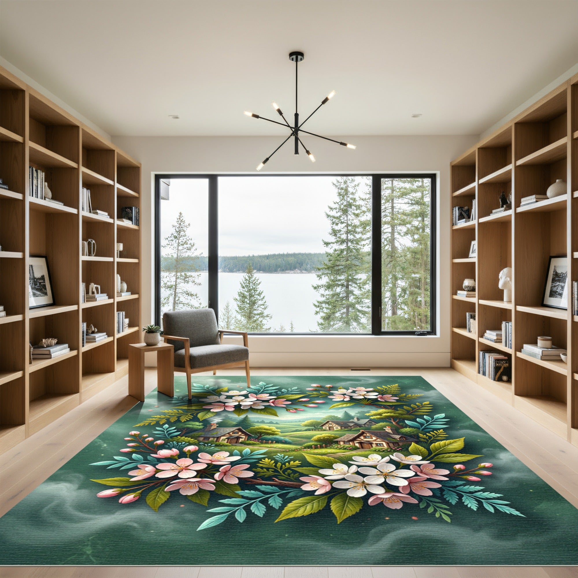 Whimsical Cherry Blossom Cottage Landscape Rug