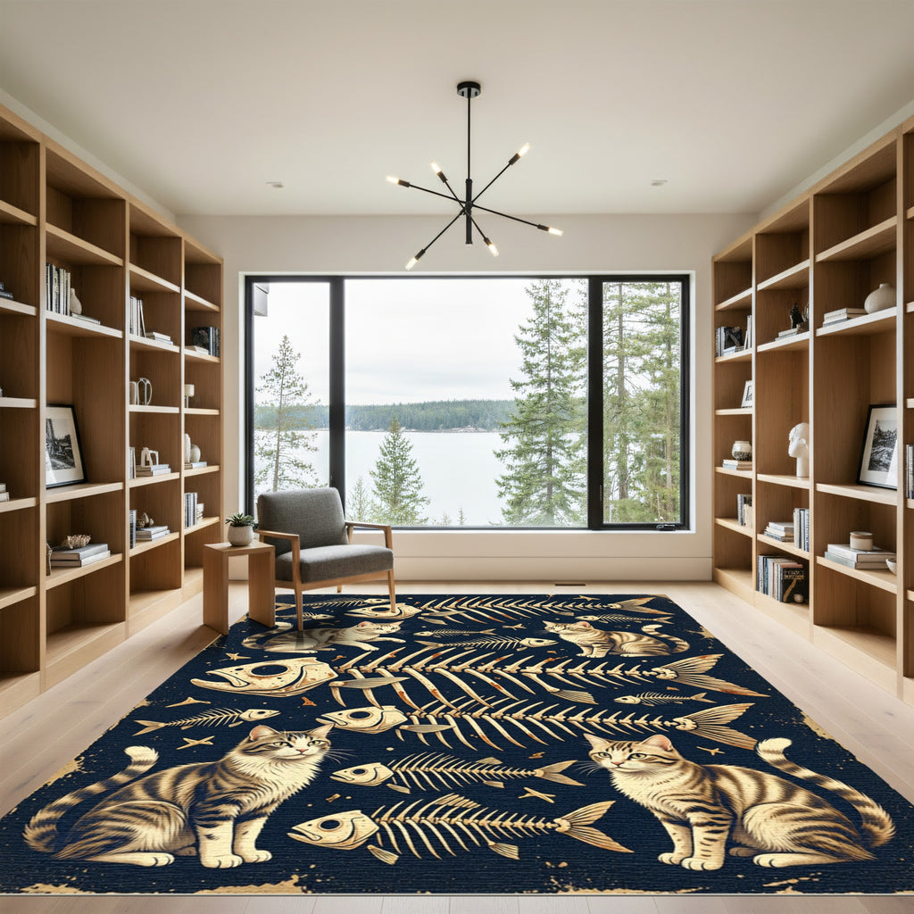 Gothic Tabby Cat Fish Skeleton Dark Rug