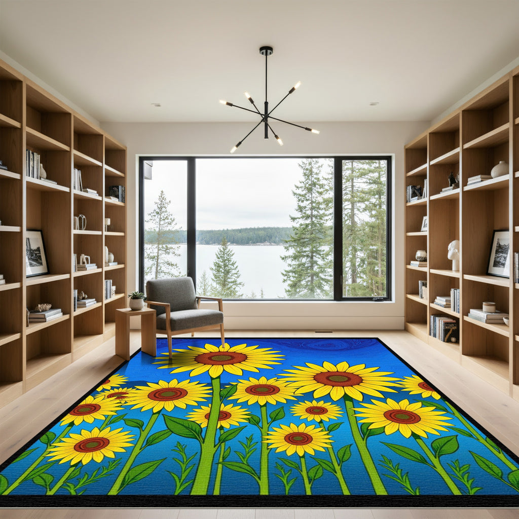 Golden Sunflower Garden Blue Sky Rug