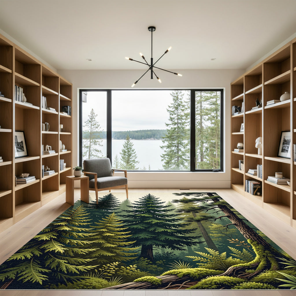 Lush Green Pine Forest Landscape Rug
