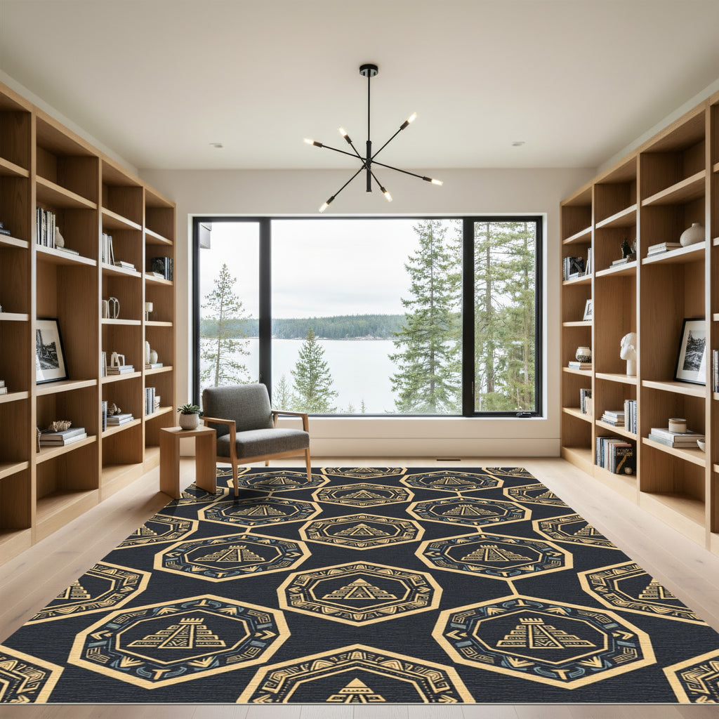 Golden Aztec Pyramid Geometric Hexagon Rug