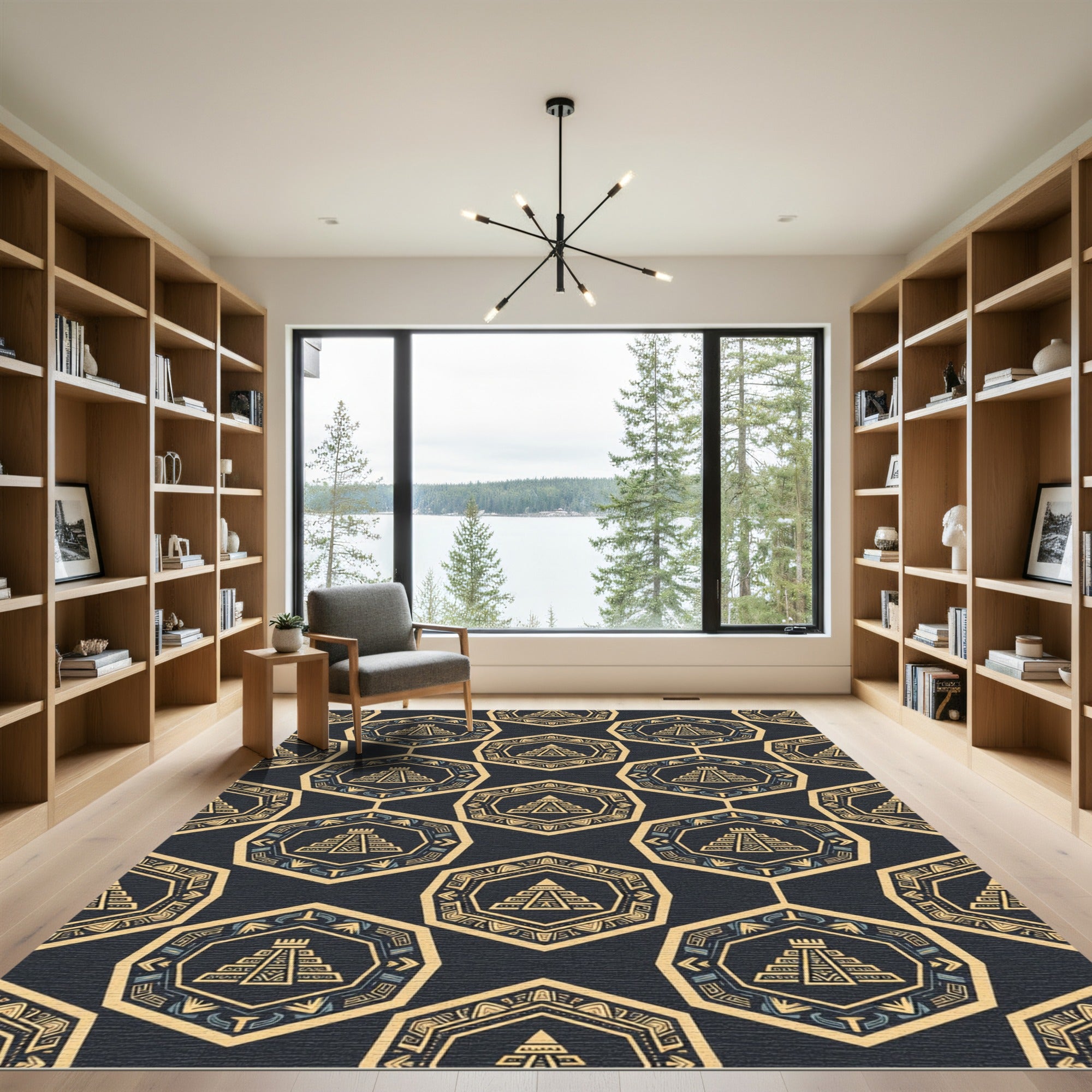 Golden Aztec Pyramid Geometric Hexagon Rug