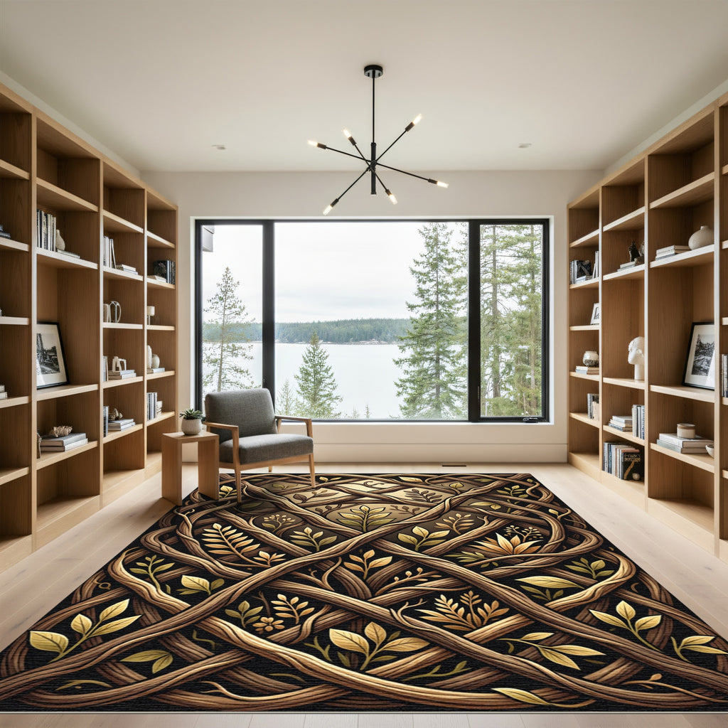 Brown Intertwined Wood Leaf Pattern Rug