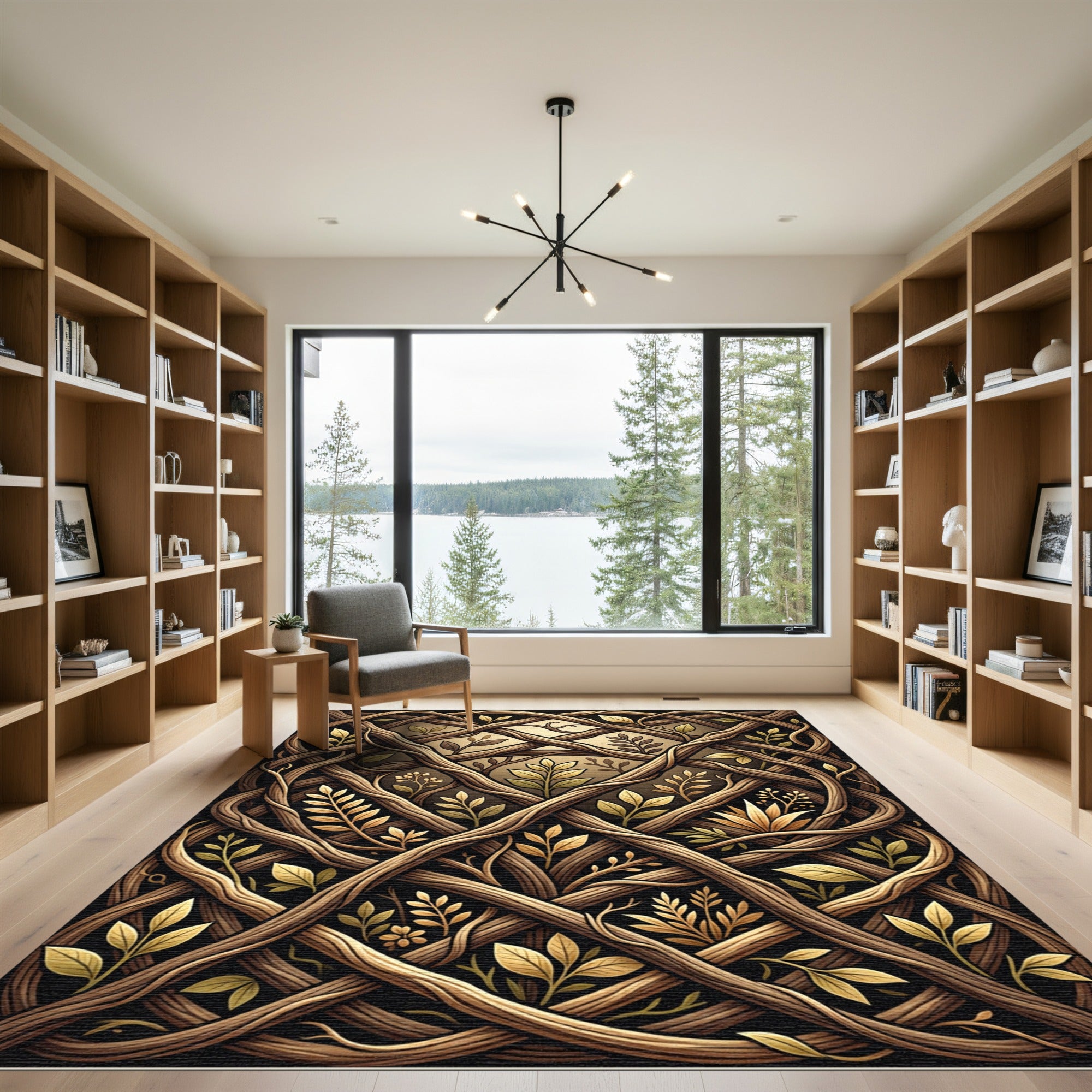 Brown Intertwined Wood Leaf Pattern Rug