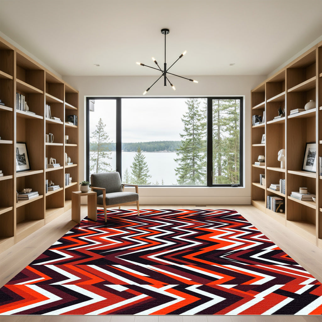 Fiery Red Chevron Geometric Stripes Rug