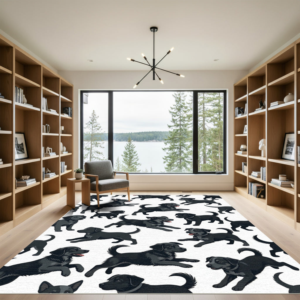 Playful Black Puppy Scattered Illustration Rug