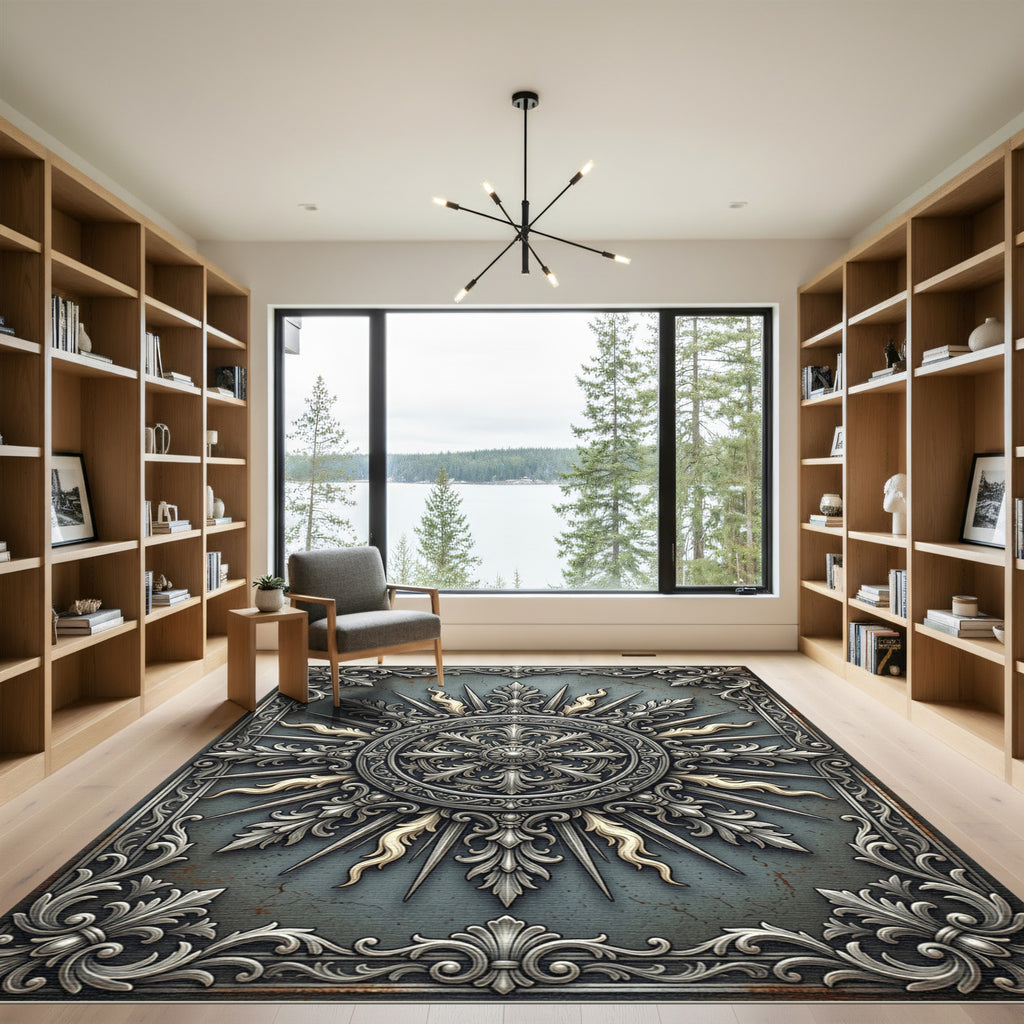 Ornate Silver Medallion Slate Sunburst Rug