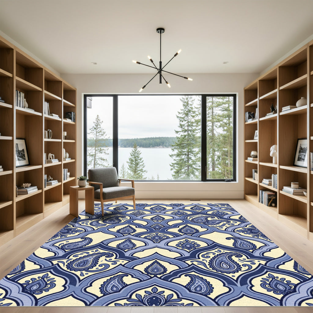 Indigo Paisley Curvilinear Lattice Art Rug