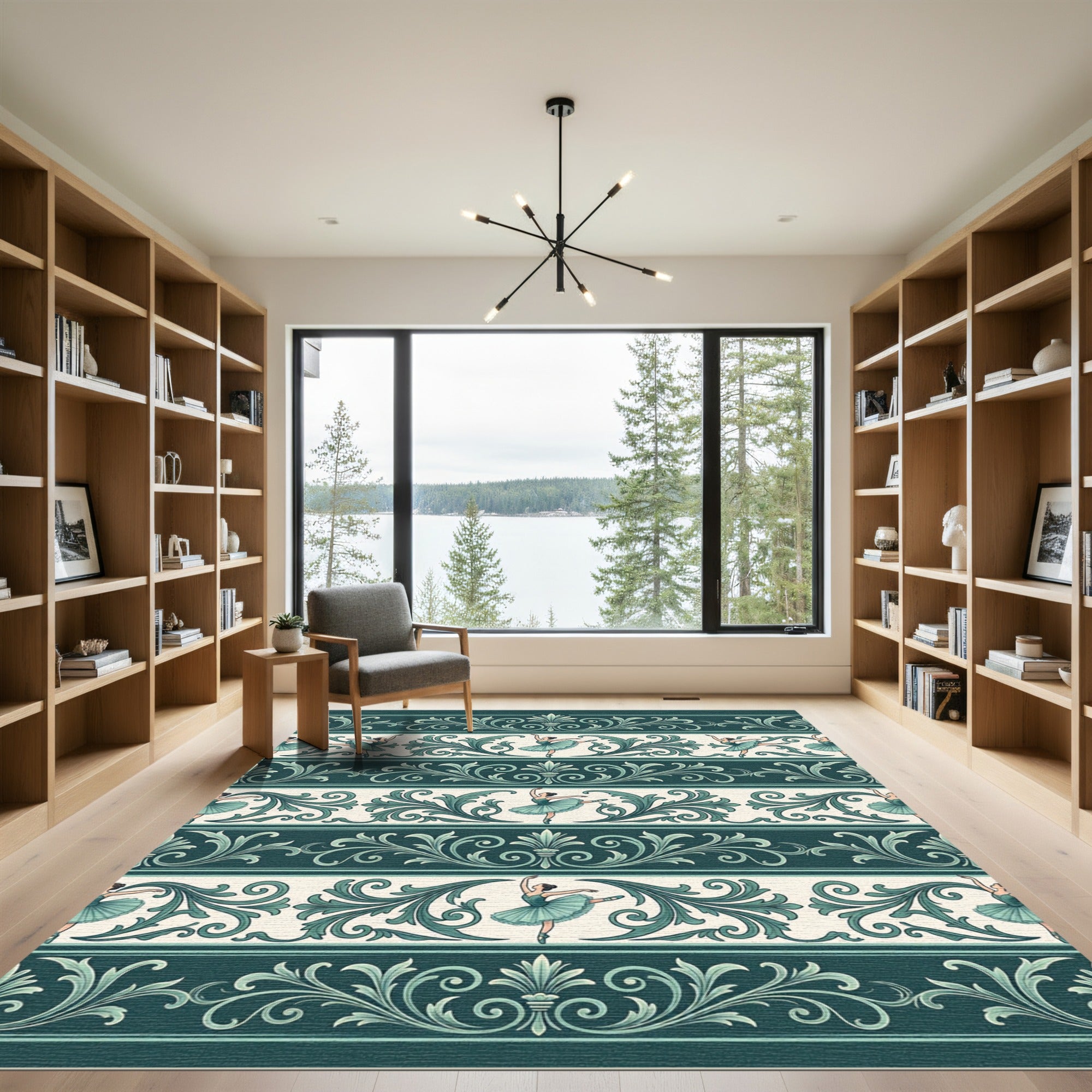 Elegant Teal Ballerina Damask Scroll Rug