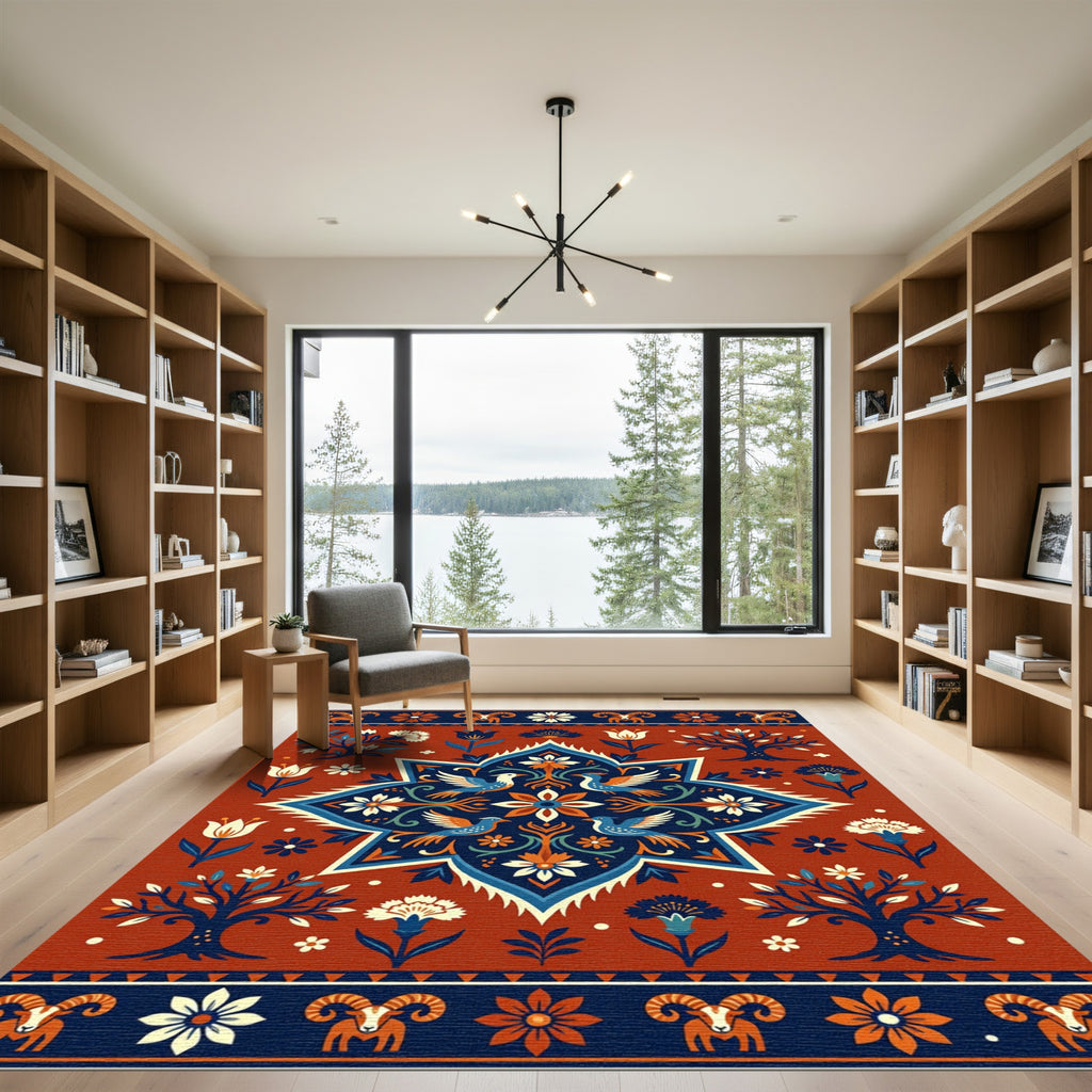 Terracotta Blue White Bird Floral Tree Rug
