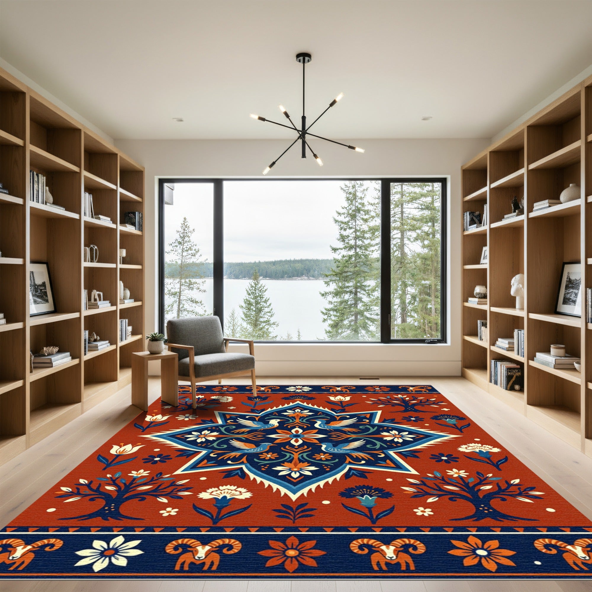 Terracotta Blue White Bird Floral Tree Rug
