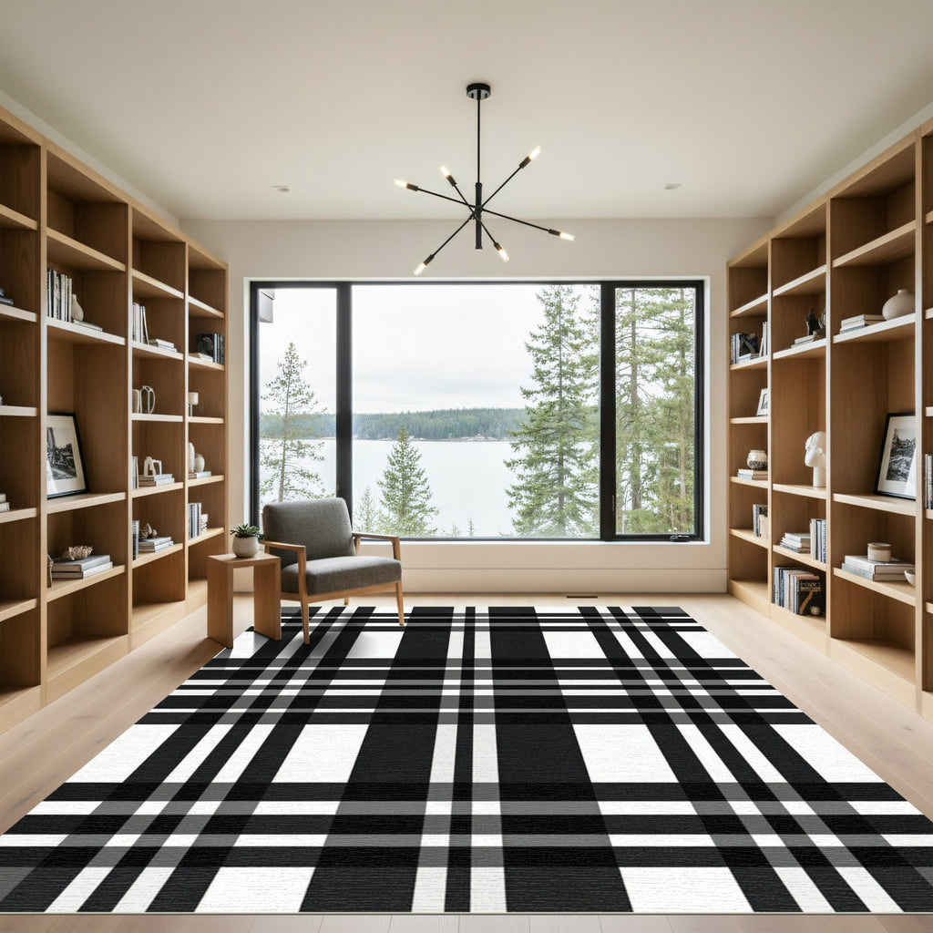 Classic Black White Plaid Stripes Rug