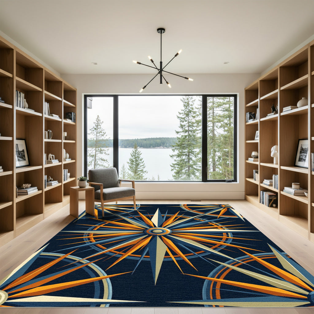 Navy and Gold Celestial Compass Star Rug