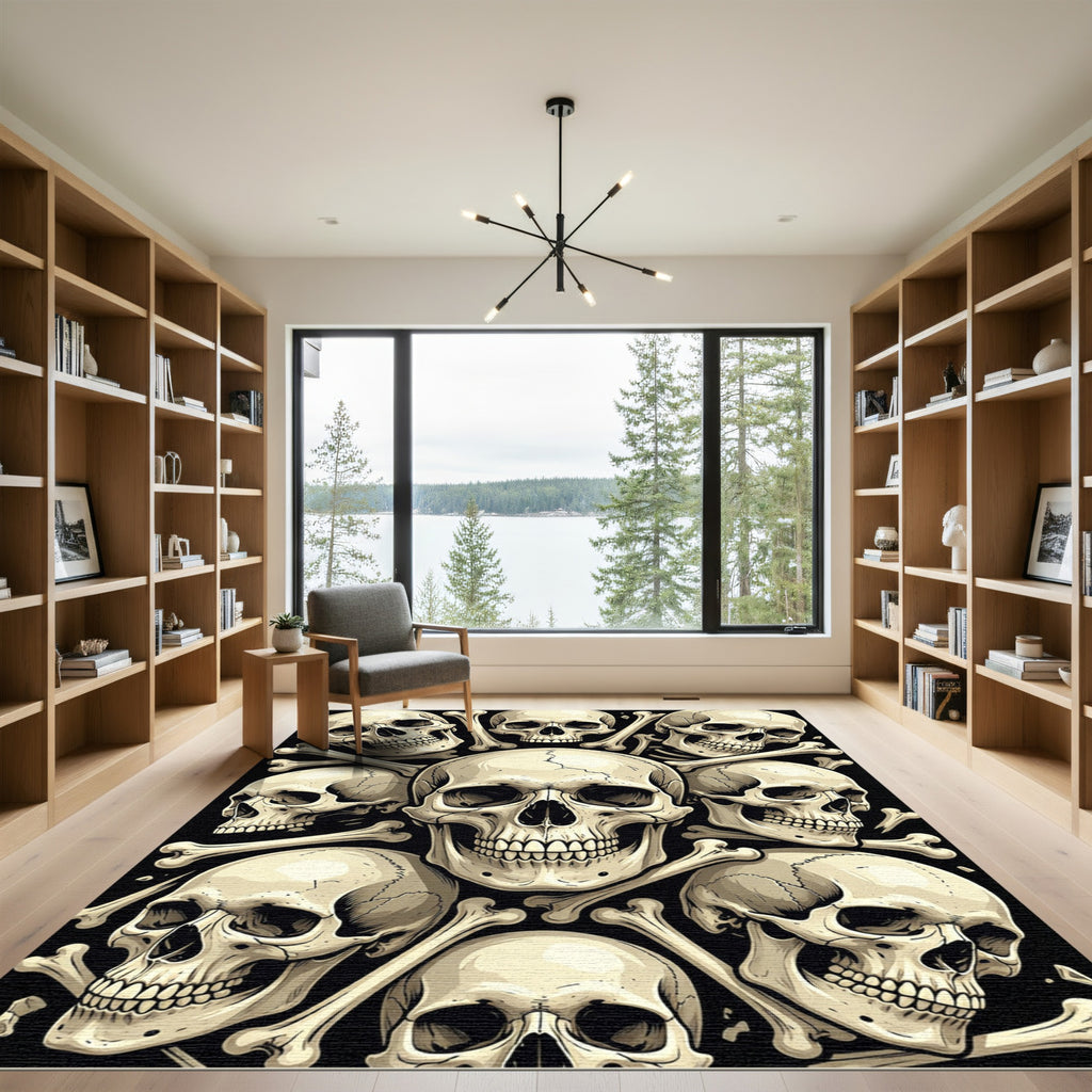Gothic Monochrome Skull Bone Mosaic Rug