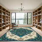Ornate Teal Damask Leaf Medallion Rug