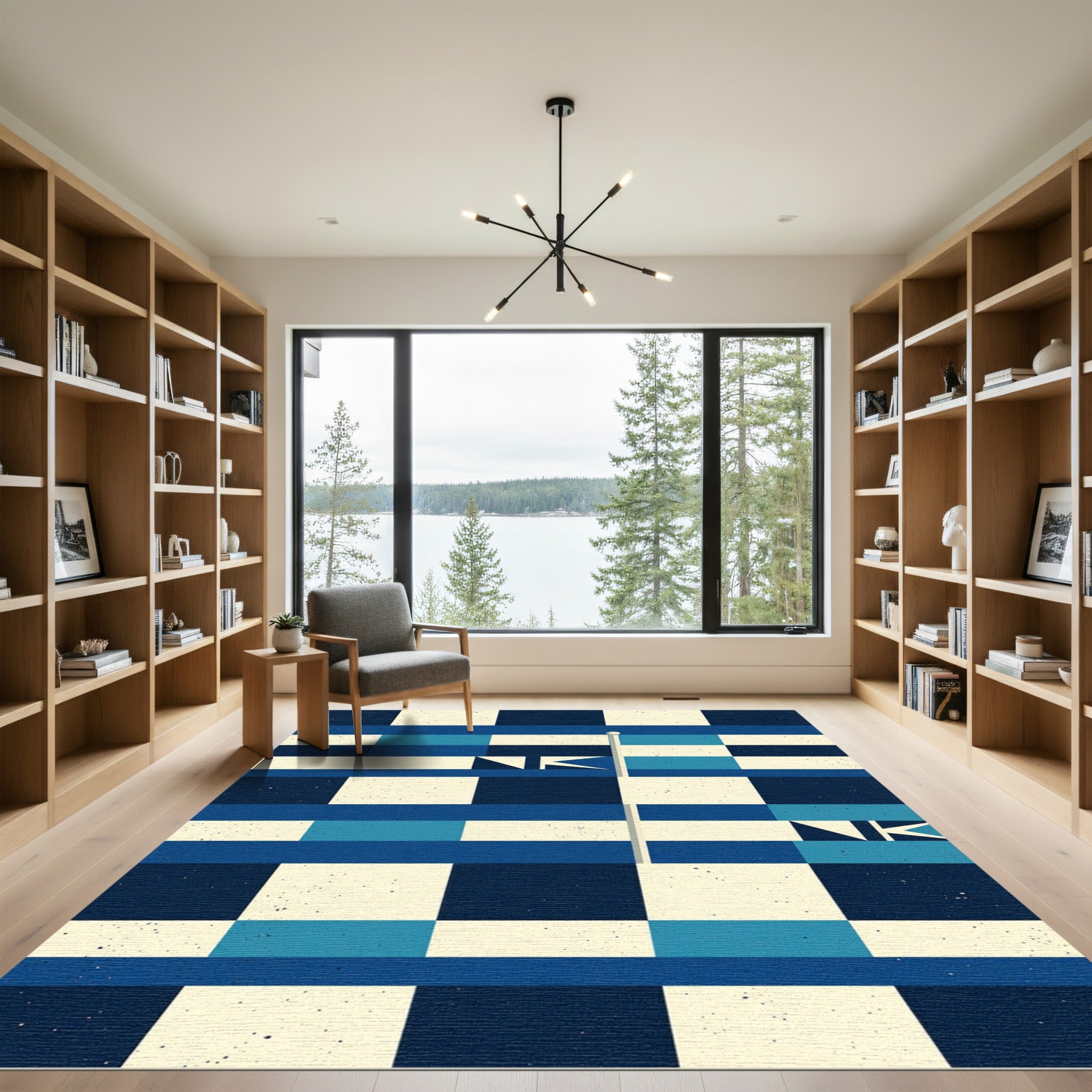 Geometric Navy Blue Cream Grid Flag Rug