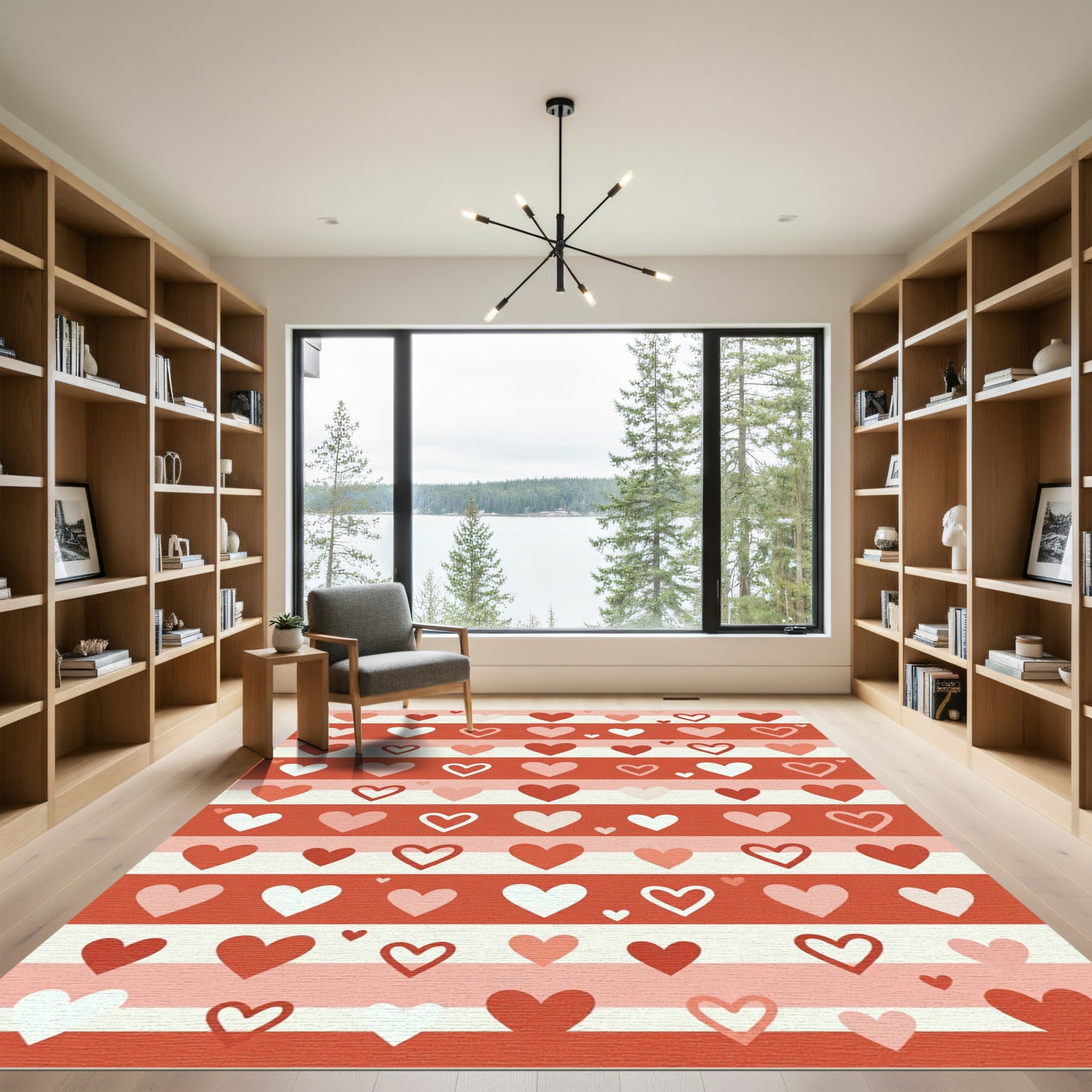 Blushing Hearts On Red Stripes Rug