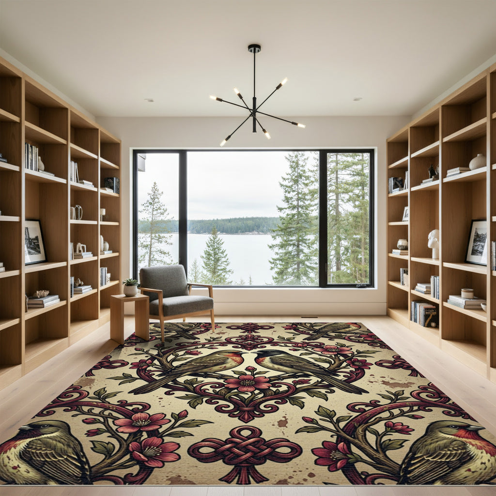 Crimson Birds Floral Garden Symmetry Rug