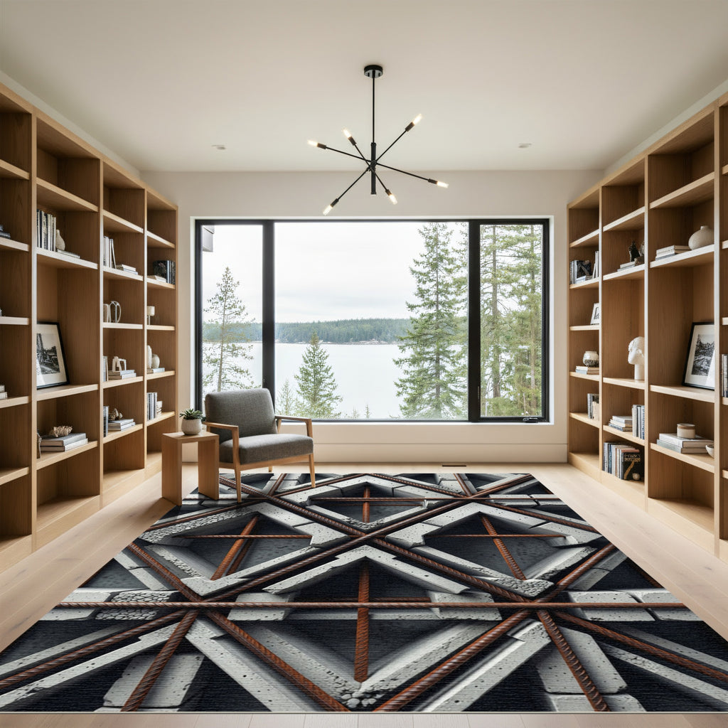 Industrial Steel Grey Geometric Iron Lattice Rug