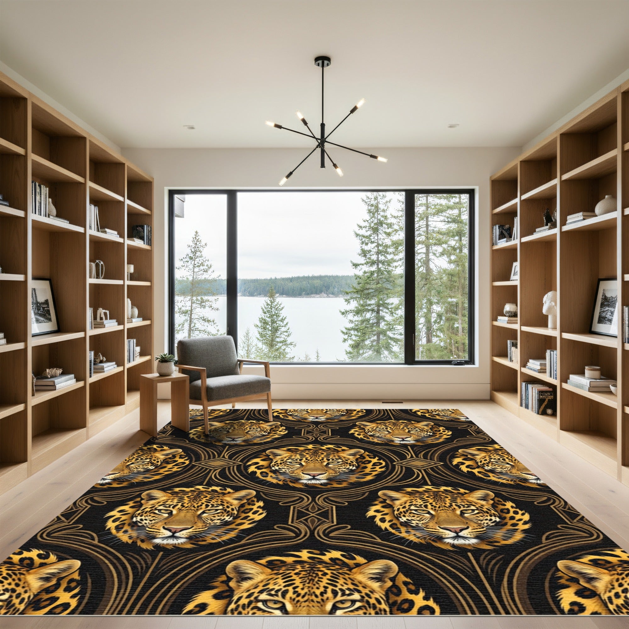 Elegant Golden Leopard Black Art Deco Rug