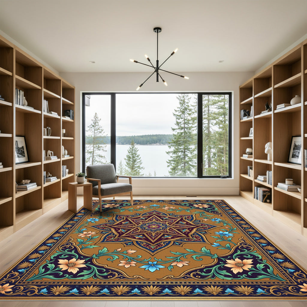 Ornate Ochre Floral Star Medallion Rug
