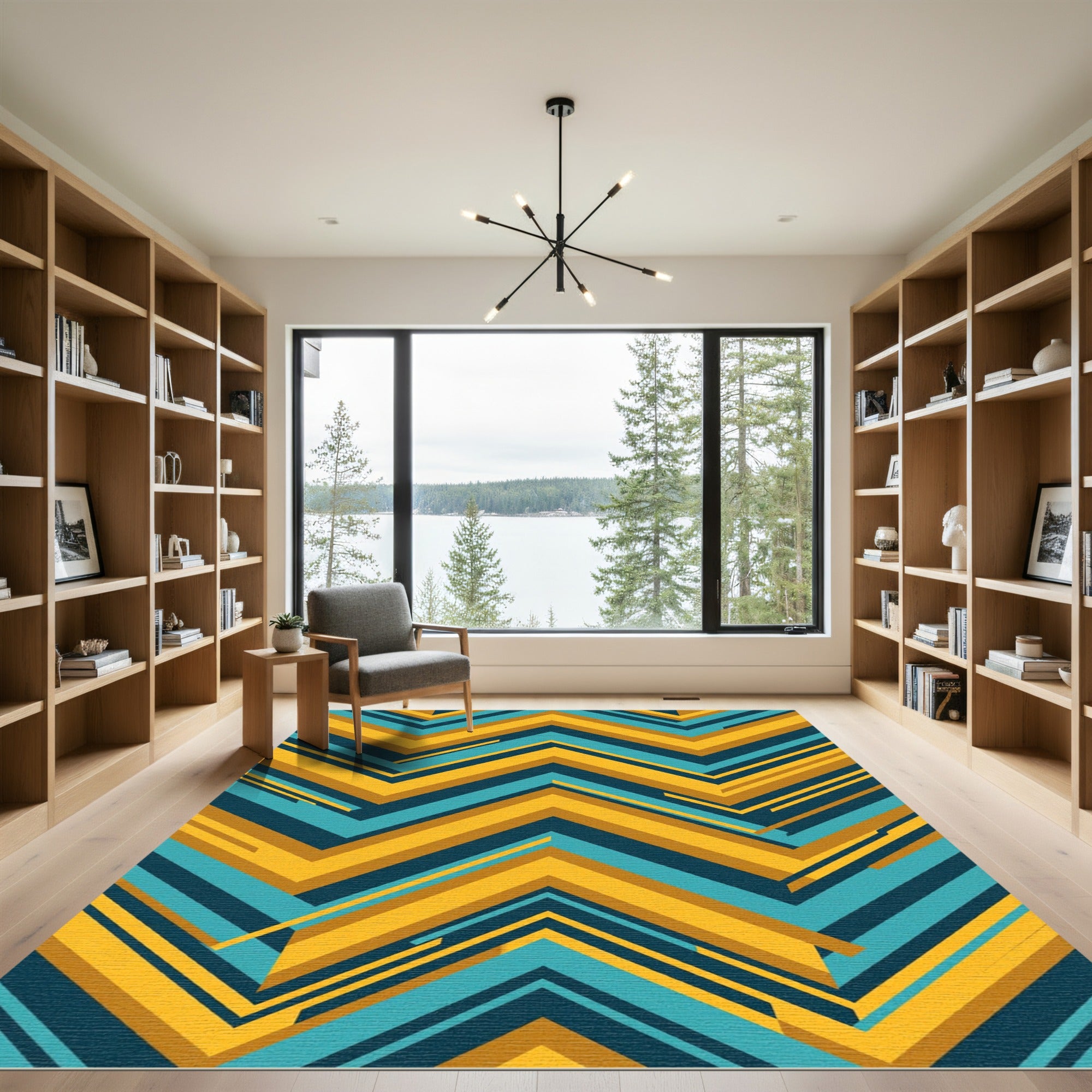 Modern Ochre and Teal Chevron Zigzag Rug