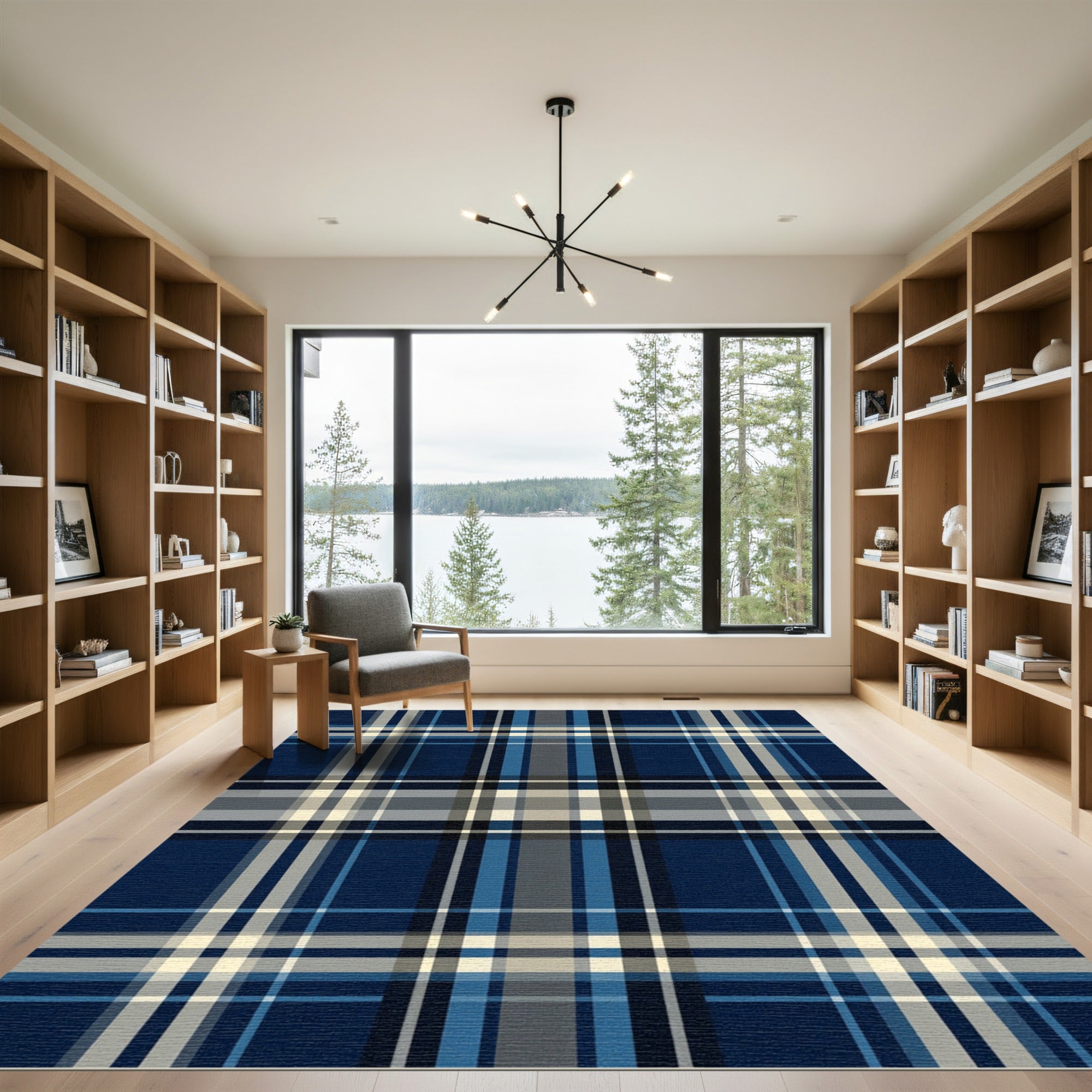 Navy Blue White Gray Plaid Lines Rug