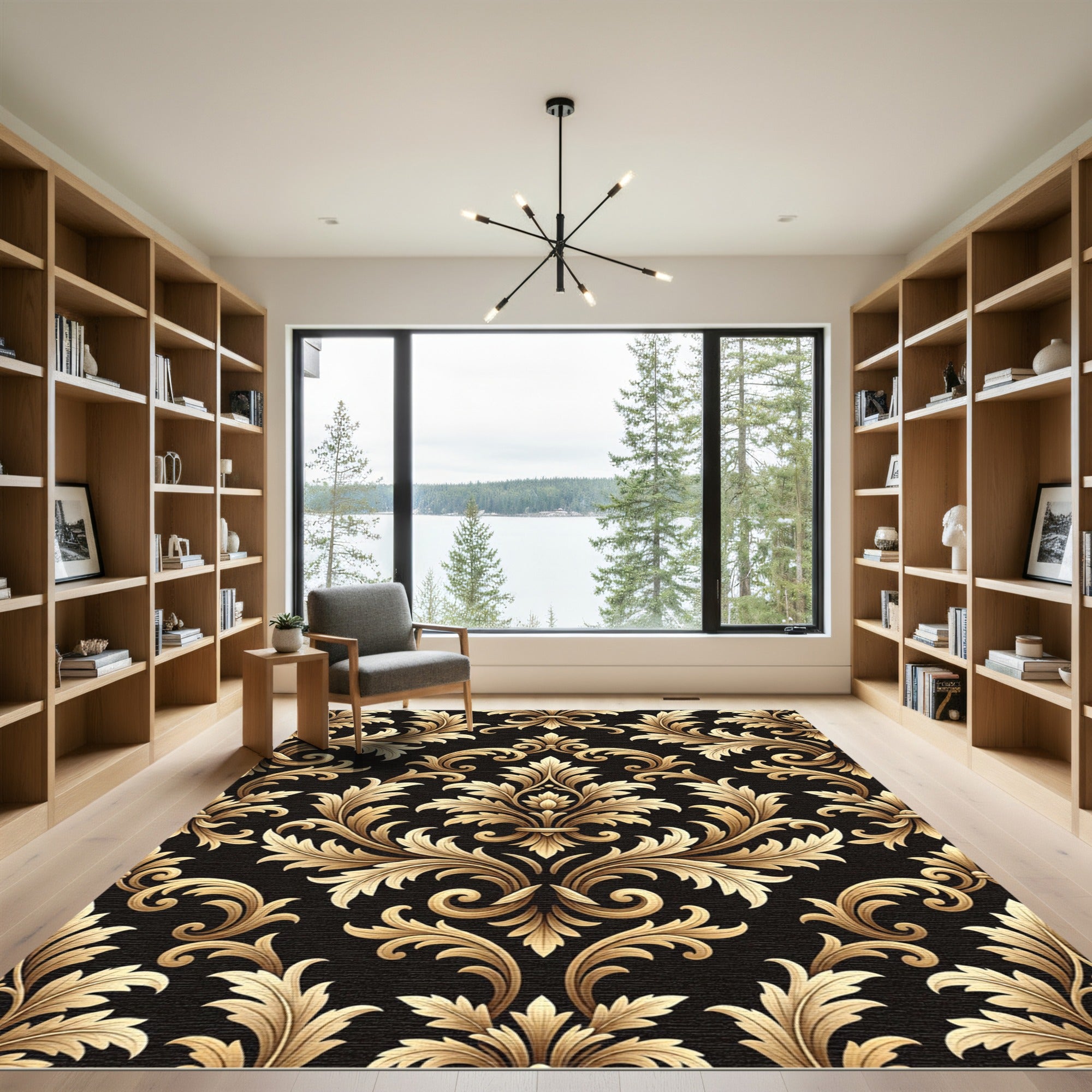 Regal Golden Damask Black Scrollwork Rug