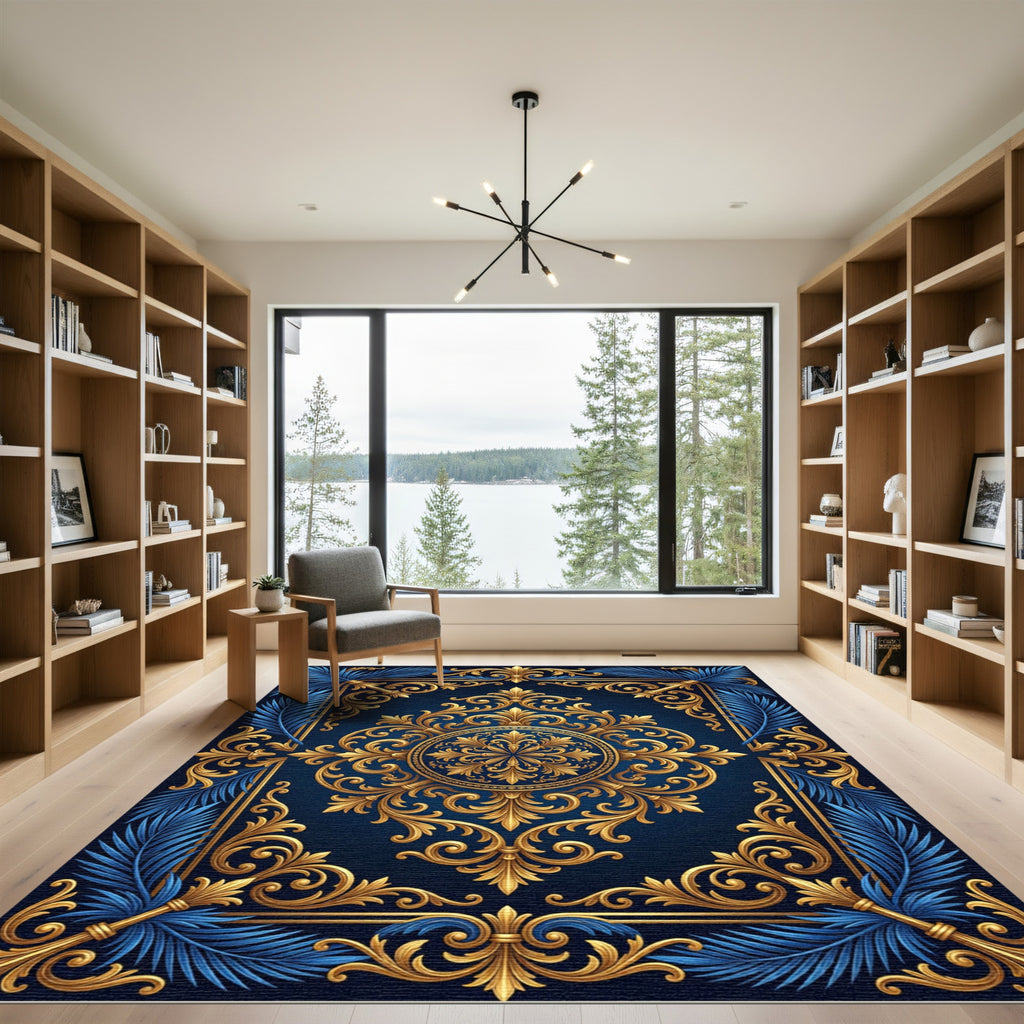 Royal Navy Blue Golden Baroque Medallion Rug