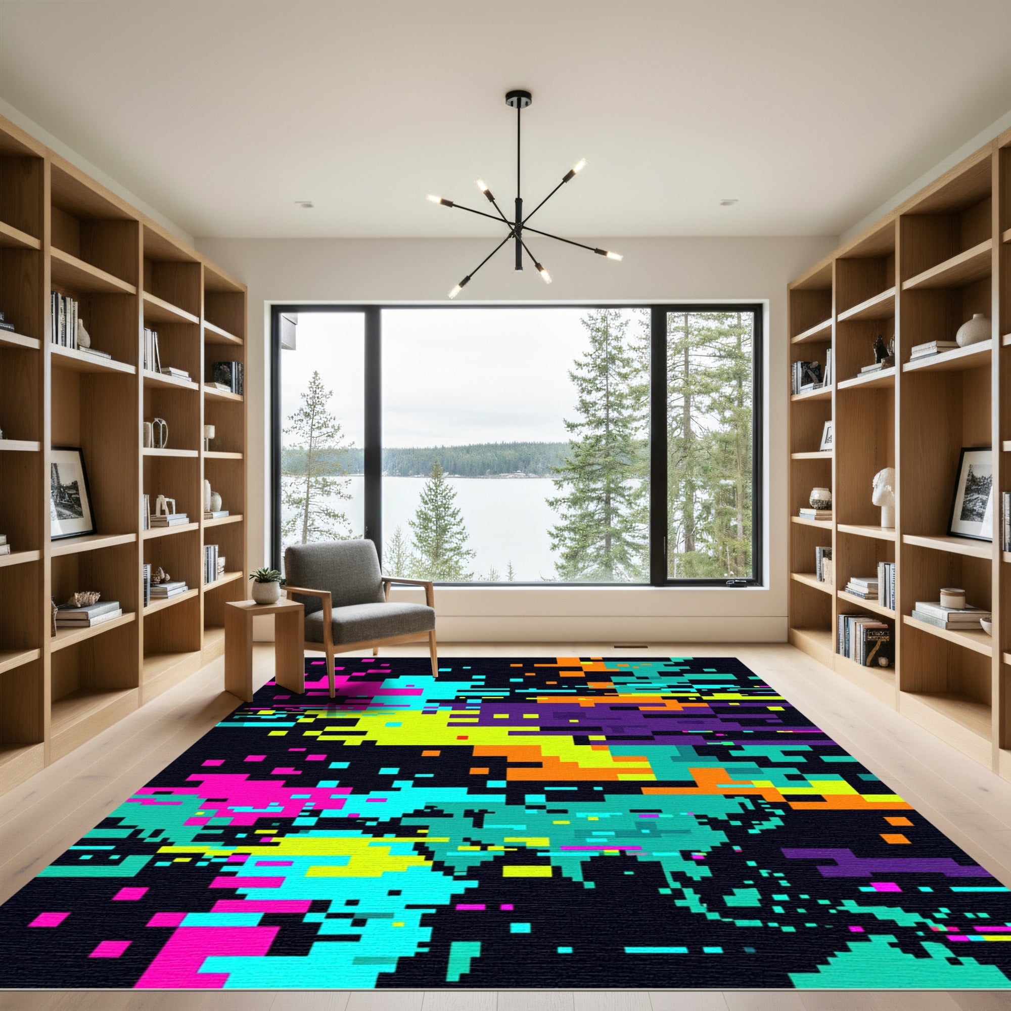 Neon Glitch Digital Pixel Art Abstract Rug