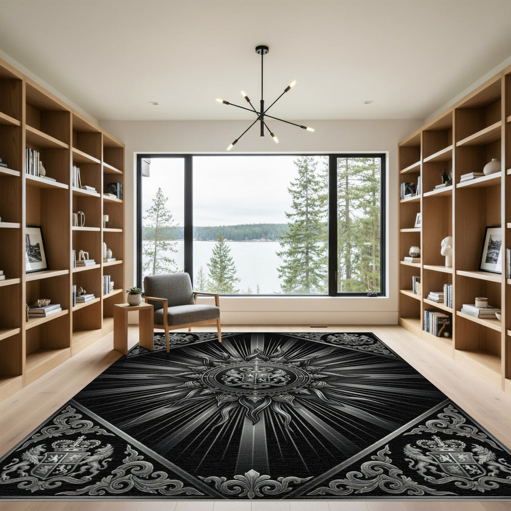 Monochromatic Sunburst Crest Mandala Rug
